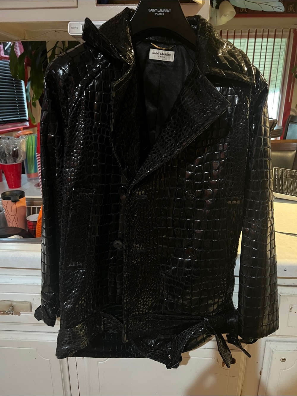 Saint Laurent Black Croc-Embossed Patent Trench Jacket - Picture 3 of 7